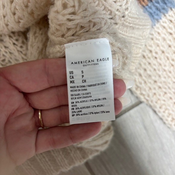 American Eagle Blue Cropped Knit Sweater with Brown Arm Stripe – Size Small - Picture 4 of 4